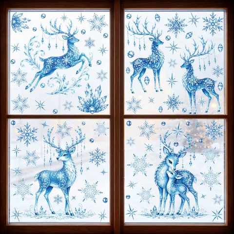 Pegatinas de Ventana de Navidad Invierno Azul Copo de Nieve Alce Electrostatico PVC Adhesivos Para Centro Comercial Hogar Vidrio Pantalla Decoración Festiva