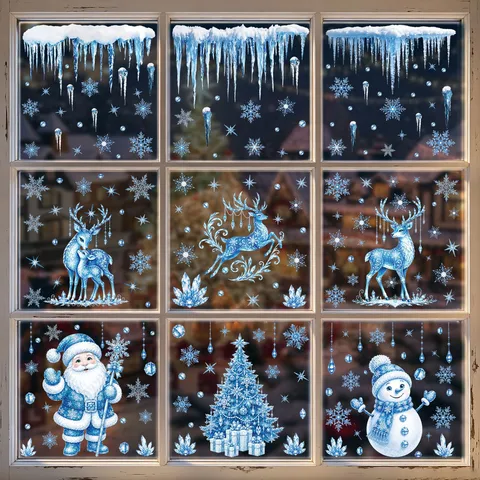 Adesivi per Finestre di Natale Decals in PVC Elettrostatico Fiocco di Neve Alce Babbo Natale Decorazione Casa