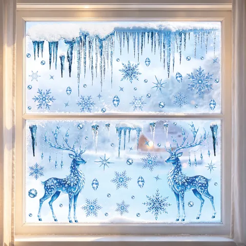 Pegatinas de Ventana de Navidad Copo de Nieve Azul Alce Adhesivos Estáticos Calcomanías de Vidrio de Nieve de Invierno Para Decoración de Hogar de Vacaciones