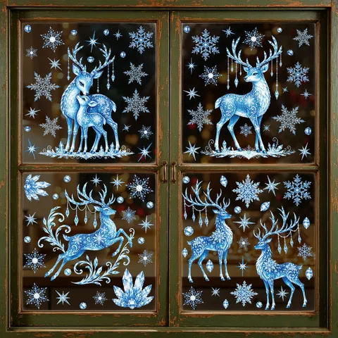 Pegatinas de Ventana de Navidad Invierno Azul Copo de Nieve Alce Electrostatico PVC Adhesivos Para Centro Comercial Hogar Vidrio Pantalla Decoración Festiva