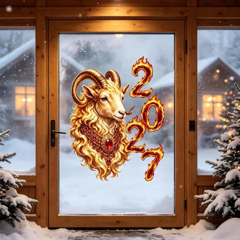 2027 Nouvel An Zodiaque Chinois Tête de Mouton Autocollant de Fenêtre en Verre Électrostatique Noël Maison Décoratif PVC Décalque