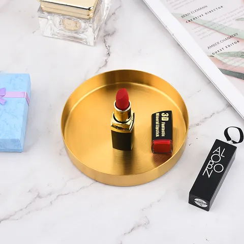 Nordic Minimalist Stainless Steel Round Storage Tray Gold Black Straight Edge Cosmetic Jewelry Serving Plate Organizer