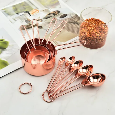 Rose Gold Stainless Steel Measuring Cups And Spoons Kitchen Baking Tools With Graduated Line Handle And Metal Storage Ring