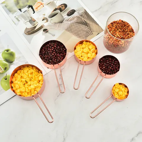 Rose Gold Stainless Steel Measuring Cups And Spoons Kitchen Baking Tools With Graduated Line Handle And Metal Storage Ring