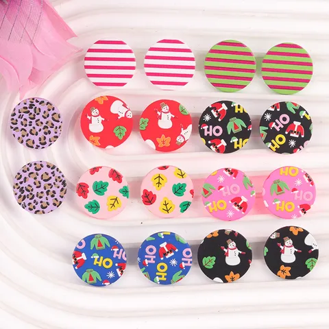 Minimalist Christmas Round Acrylic Stud Earrings Cartoon Striped Leopard Print Geometric Ear Jewelry Gifts For Women