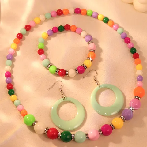Retro Acrylic Candy Color Beaded Necklace Bracelet Earrings Set Women Fashion Jewelry Rhinestone Geometric Suit