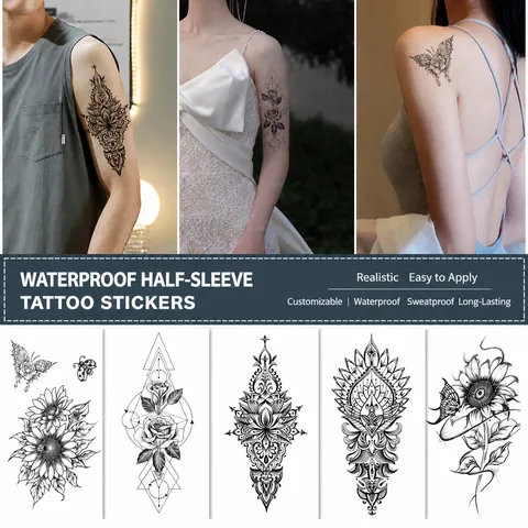 Carta per Trasferimento ad Acqua Nero Floreale Farfalla Geometrico Adesivo per Tatuaggio Temporaneo Arte Corporea Impermeabile per Donna Uomo