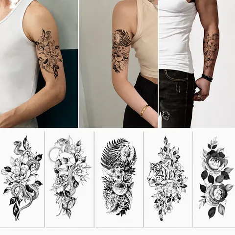 Autocollants de Tatouage Temporaire Imperméables Sombres Floral Rose Serpent Crâne Noir et Blanc Autocollant d'Art Corporel pour Femmes Hommes