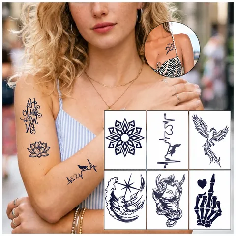 Autocollant de Tatouage Temporaire Ligne Noire Minimaliste Autocollant de Conception de Petit Motif d'Art Corporel de Jus de Herbes Imperméable