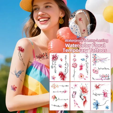 Adesivi per Tatuaggi Temporanei Floreali Farfalla Frutta Trasferimento ad Acqua Impermeabili Decalcomanie per Body Art