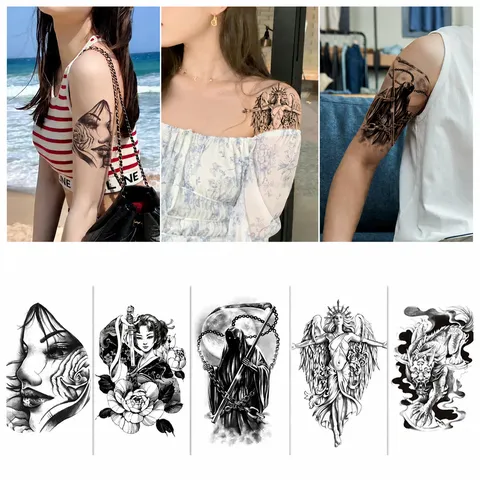 Autocollant de Tatouage Temporaire Imperméable Gothique Sombre Demi-Bras Design Noir et Blanc Autocollant d'Art Corporel