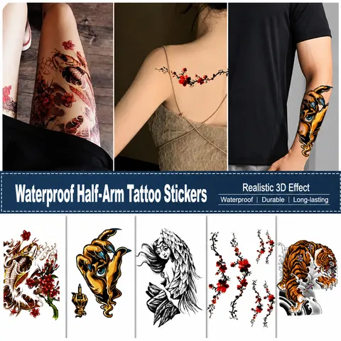 Autocollant de Tatouage Temporaire Imperméable Loup Dragon Tigre Poisson