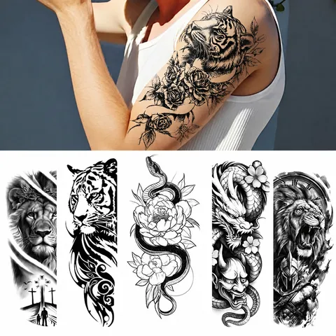 Adesivi per Tatuaggio con Trasferimento ad Acqua Nero Bianco Tigre Leone Drago Braccio Fiore Tatuaggio Temporaneo Finto Impermeabile Arte del Corpo