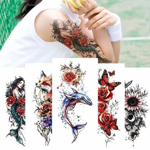 Autocollant de Tatouage Temporaire par Transfert d'Eau Imperméable Demi-Bras Body Art Rose Sirène Plume Design de Mode pour Adultes