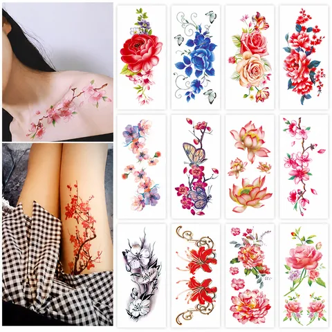 Autocollants de Tatouage Temporaire Imperméables pour Femmes Fleurs Rose Pivoine Art Corporel Tatouages Faux Transfert