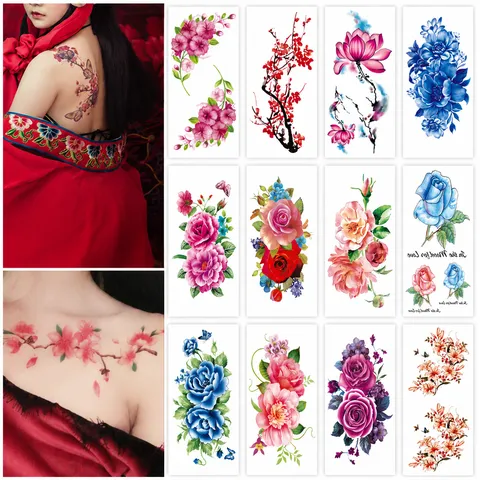 Autocollants de Tatouage Temporaire Imperméables pour Femmes Fleurs Rose Pivoine Art Corporel Tatouages Faux Transfert