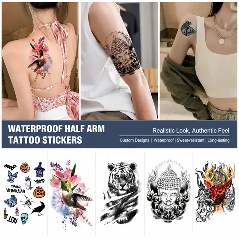 Autocollant De Tatouage Temporaire Imperméable Totem Animal Fleur Tigre Loup Design Art Corporel Faux Tatouage Pour Fête Femmes Hommes