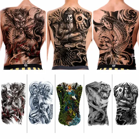 Sticker de Tatouage Temporaire Imperméable pour Tout le Dos avec des Motifs Mythologiques Traditionnels comme des Dragons et des Loups Autocollant