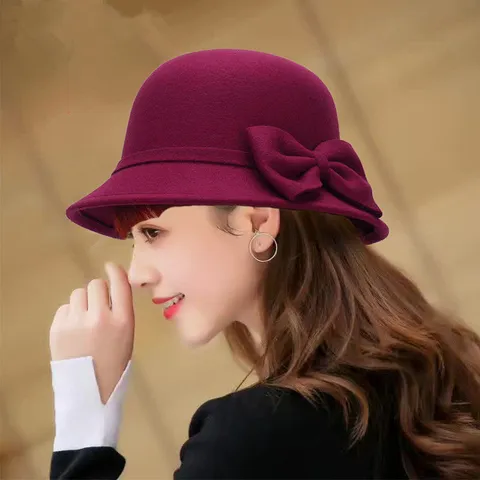 Women Vintage Wool Blend Fedora Dome Hat Elegant Bowknot Winter Warm Basin Hat Fashion Casual Outdoor Dress Hat