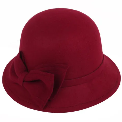 Women Vintage Wool Blend Fedora Dome Hat Elegant Bowknot Winter Warm Basin Hat Fashion Casual Outdoor Dress Hat