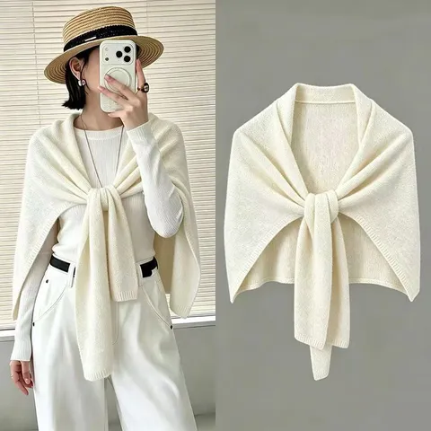 Chal de Mezcla de Lana de Punto en Forma de T para Mujer Bufanda de Invierno Cálida Color Sólido Calentador de Cuello Casual Pashmina Elegante