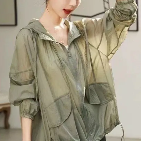 Women Summer Lightweight Breathable Sun Protection Clothing Loose Hooded Long Sleeve Cardigan Jacket Outwear