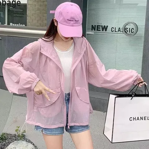 Women Summer Lightweight Breathable Sun Protection Clothing Loose Hooded Long Sleeve Cardigan Jacket Outwear