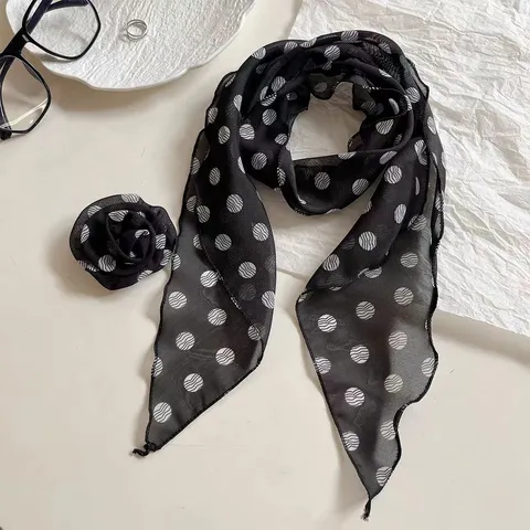 Women's Long Silk Scarf Vintage Polka Dot Snake Print Lightweight Neck Scarf With Rose Brooch Fashion Accessories