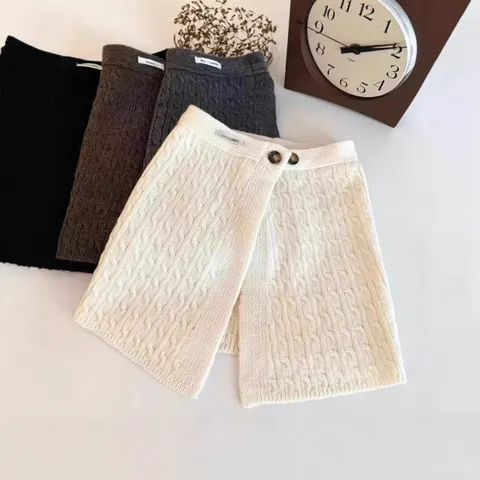 Women's Casual Cotton Blend Knit Half Skirt Winter Solid Color Button Decorative Layering Mini Skirt