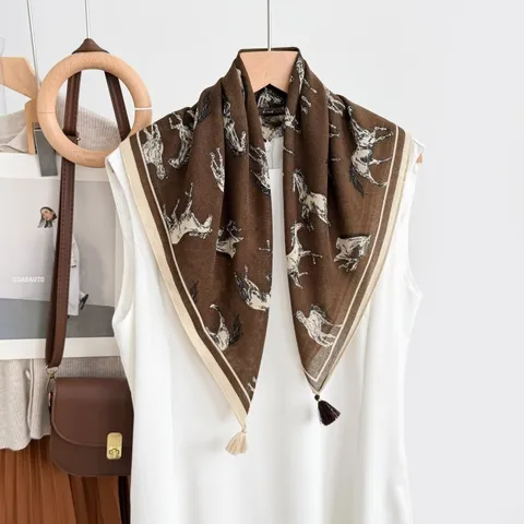 Women Fashion Square Scarf Luxury Old Money Horse Pattern Tassels Polyester Scarf Elegant Head Neck Scarf