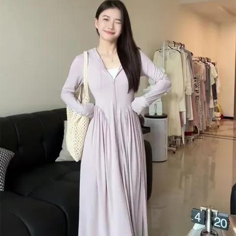 Women Long Sun Protection Clothing Hooded Lightweight Breathable UV Protection Outdoor Casual Full Zip Long Dress