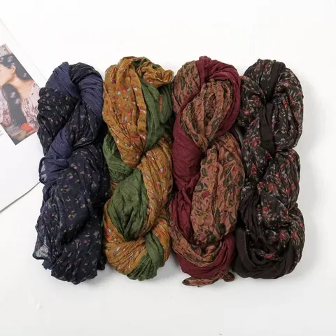 Women Spring Autumn Floral Crinkled Voile Scarf Fashion Long Pleated Shawl Versatile Lightweight Neck Scarf