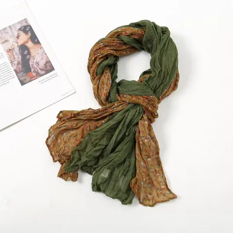 Women Spring Autumn Floral Crinkled Voile Scarf Fashion Long Pleated Shawl Versatile Lightweight Neck Scarf