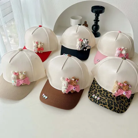 Gorra de Béisbol Y2K Dulce y Cool para Mujer Conejo de Dibujos Animados Strass Lazo Sombrero de Sol Ajustable Rayón