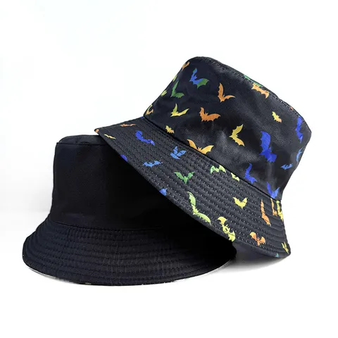 Reversible Colorful Bat Print Bucket Hat For Men Women Sun Protection Polyester Outdoor Halloween Fisherman Cap Black