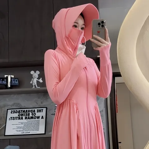 Women Long Sun Protection Clothing Hooded Lightweight Breathable UV Protection Outdoor Casual Full Zip Long Dress