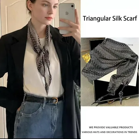 Women Fashion Satin Triangle Scarf Geometric Printed Soft Silk Neck Scarf Elegant Neckerchief For Outdoor Daily Wear
