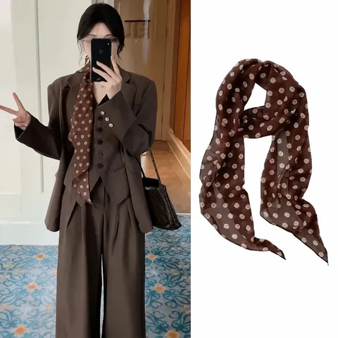 French Vintage Brown Polka Dot Long Scarf Women Versatile Lightweight Polyester Silk Bandana Neck Hair Accessory
