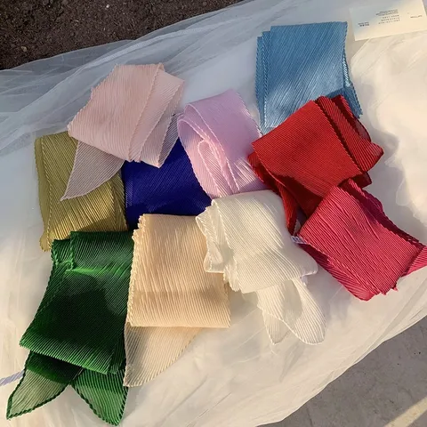 Women Pleated Solid Color Imitation Silk Long Scarf Lightweight Chiffon Neck Scarf Elegant Fashion Neckwear Shawl