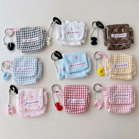 INS Stijl Mini Stof Oortelefoontasje Draagbare Klepdeksel Kleine Opbergtas Schattig Bloemen Ruitjes Hoofdtelefoon Beschermhoes