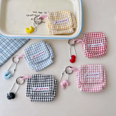 INS Stijl Mini Stof Oortelefoontasje Draagbare Klepdeksel Kleine Opbergtas Schattig Bloemen Ruitjes Hoofdtelefoon Beschermhoes