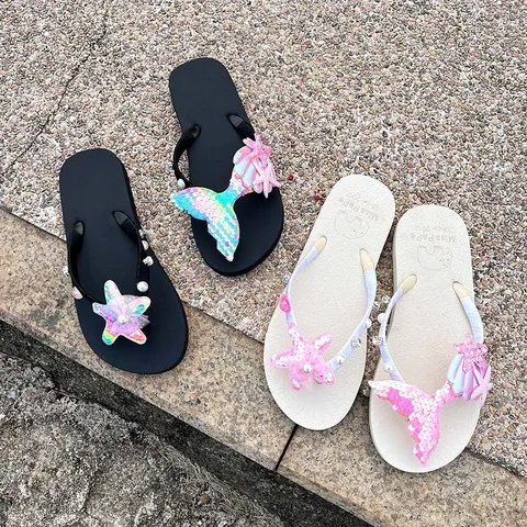 Damen Sommer Strand Flache Sandaletten Mode Meerjungfrau Muschel Seestern Pailletten Strass Zehentrenner Freizeit Outdoor Tägliche Schuhe