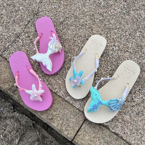 Damen Sommer Strand Flache Sandaletten Mode Meerjungfrau Muschel Seestern Pailletten Strass Zehentrenner Freizeit Outdoor Tägliche Schuhe