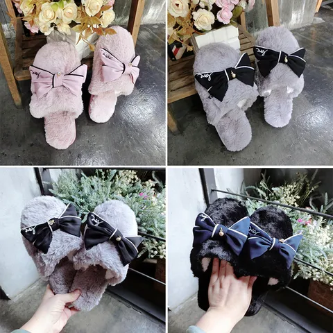 Damen Süße Schleife Flauschige Kunstwolle Hausschuhe Warme Indoor Hausschuhe Bequeme Slip-On Baumwollschuhe