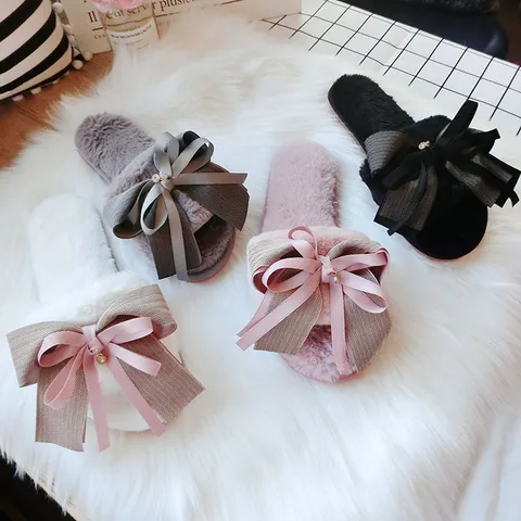 Damen Winter Warm Flauschige Hausschuhe Süße Handgemachte Schleife Offene Zehe Rutschfeste Indoor Plüsch Hausschuhe Damen Schuhe