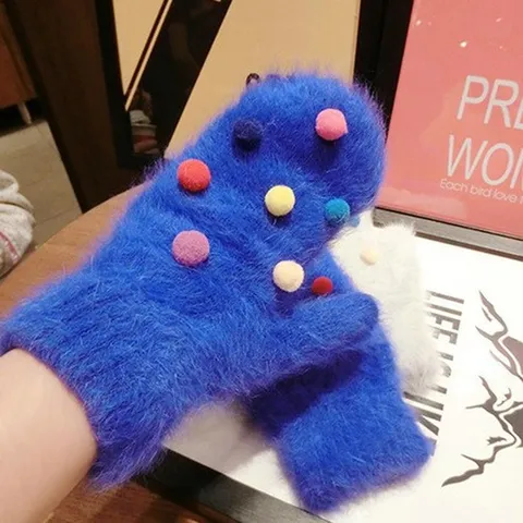 Damen Süße Kaninchenfell Winterhandschuhe Bunte Pom Pom Gestrickte Fäustlinge Warm Kaltes Wetter Mode Accessoires