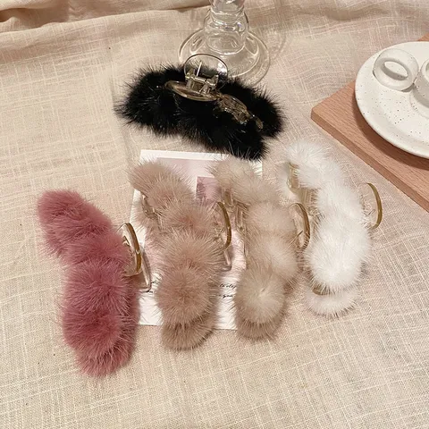Vintage Echtes Nerzfell Haarklammer Mode Plüsch Große Haargriff Acryl Transparente Haarspange Haaraccessoires Für Damen