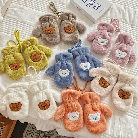 Kinder Winter Warm Fleece Gefütterte Handschuhe Süße Bär Stickerei Verdickte Winddichte Fäustlinge Mit Anti-Verlust Halsgurt