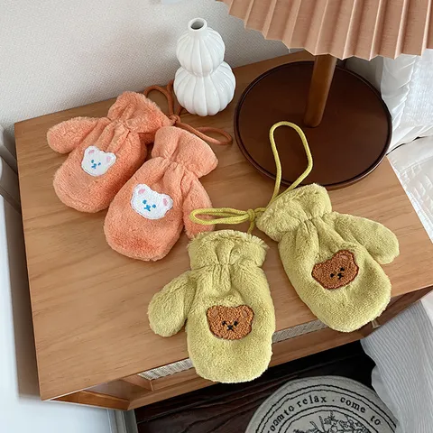 Kinder Winter Warm Fleece Gefütterte Handschuhe Süße Bär Stickerei Verdickte Winddichte Fäustlinge Mit Anti-Verlust Halsgurt