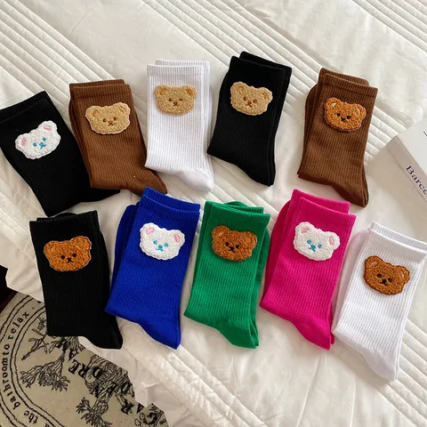 Chaussettes Mi-Mollet pour Femmes Broderie Ours Mignon Coton Chaud Décontracté Slouch Chaussettes Mode Hiver Quotidien Hoiserie